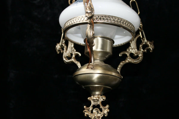 vintage Brass opaline glass dragon figural chandelier lamp pendant lamp 1960