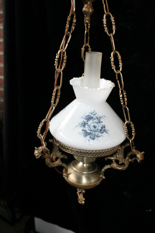 vintage Brass opaline glass dragon figural chandelier lamp pendant lamp 1960