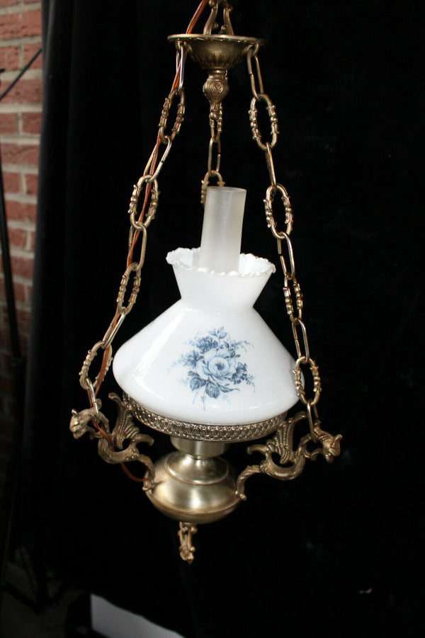 vintage Brass opaline glass dragon figural chandelier lamp pendant lamp 1960