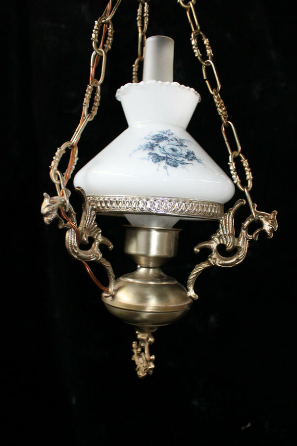 vintage Brass opaline glass dragon figural chandelier lamp pendant lamp 1960