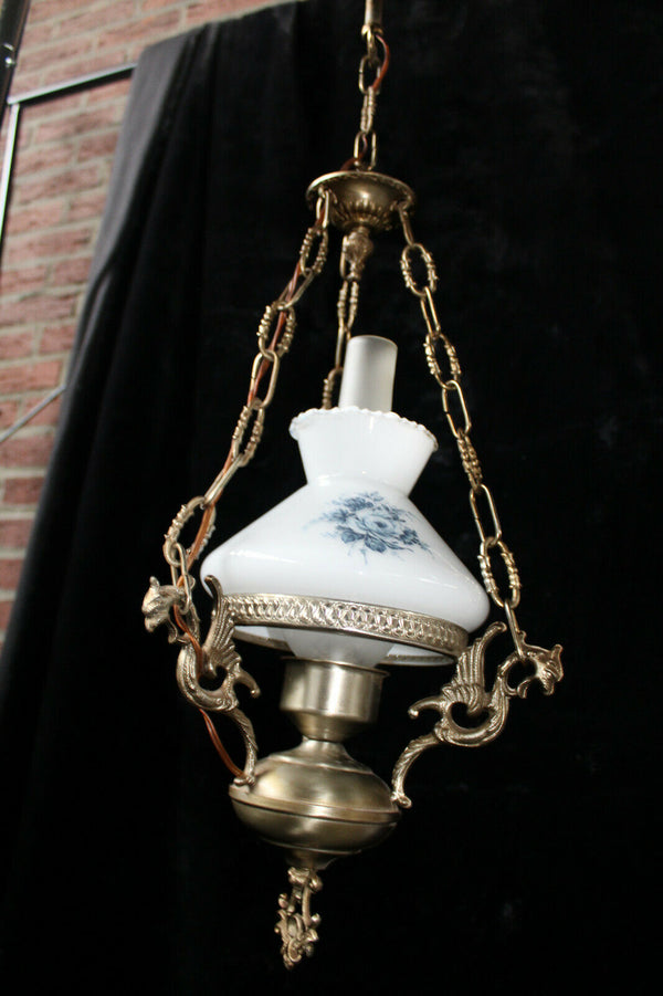 vintage Brass opaline glass dragon figural chandelier lamp pendant lamp 1960
