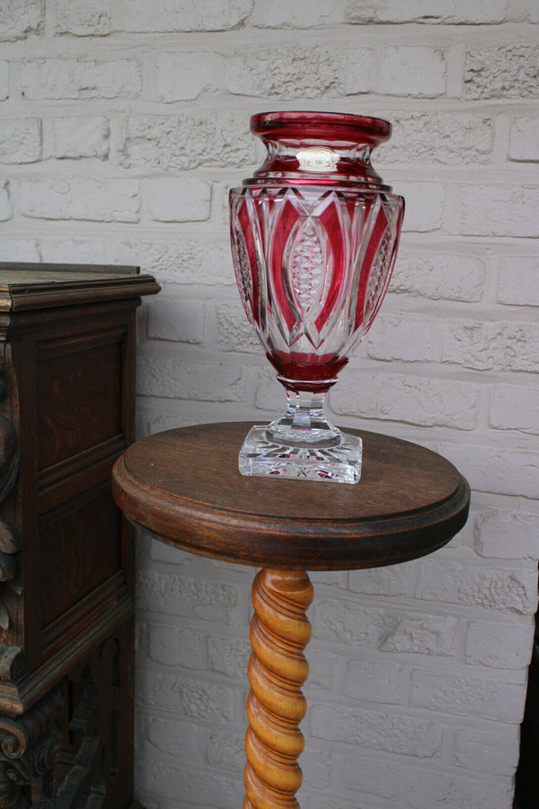 VAL SAINT LAMBERT JUPITER crystal glass ruby red clear cut vase
