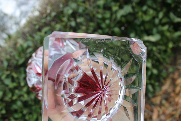 VAL SAINT LAMBERT JUPITER crystal glass ruby red clear cut vase