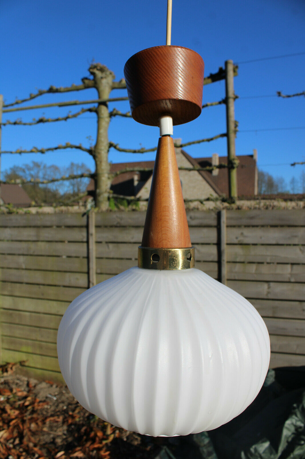 Vintage 1950 teak opaline MAssive lighting company pendant lamp chandelier