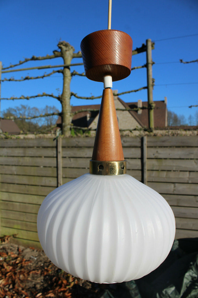 Vintage 1950 teak opaline MAssive lighting company pendant lamp chandelier
