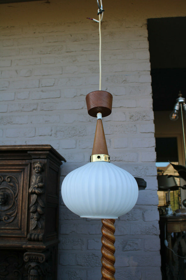 Vintage 1950 teak opaline MAssive lighting company pendant lamp chandelier