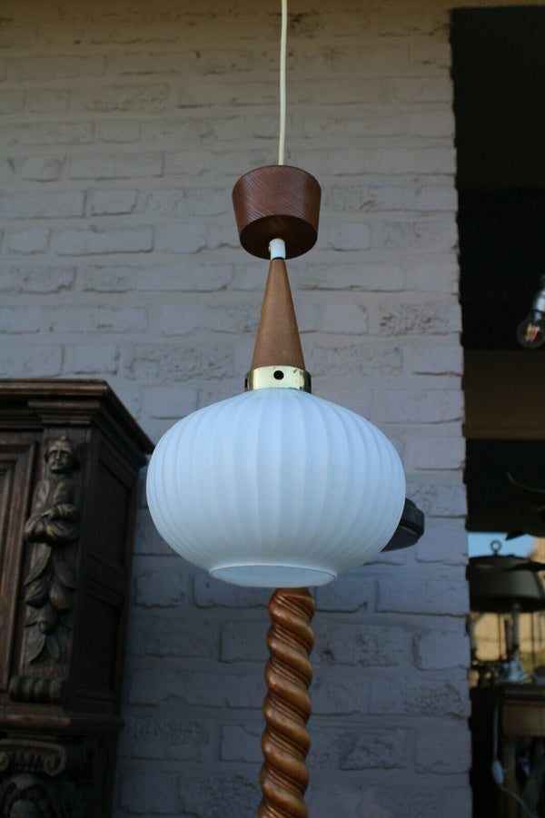 Vintage 1950 teak opaline MAssive lighting company pendant lamp chandelier