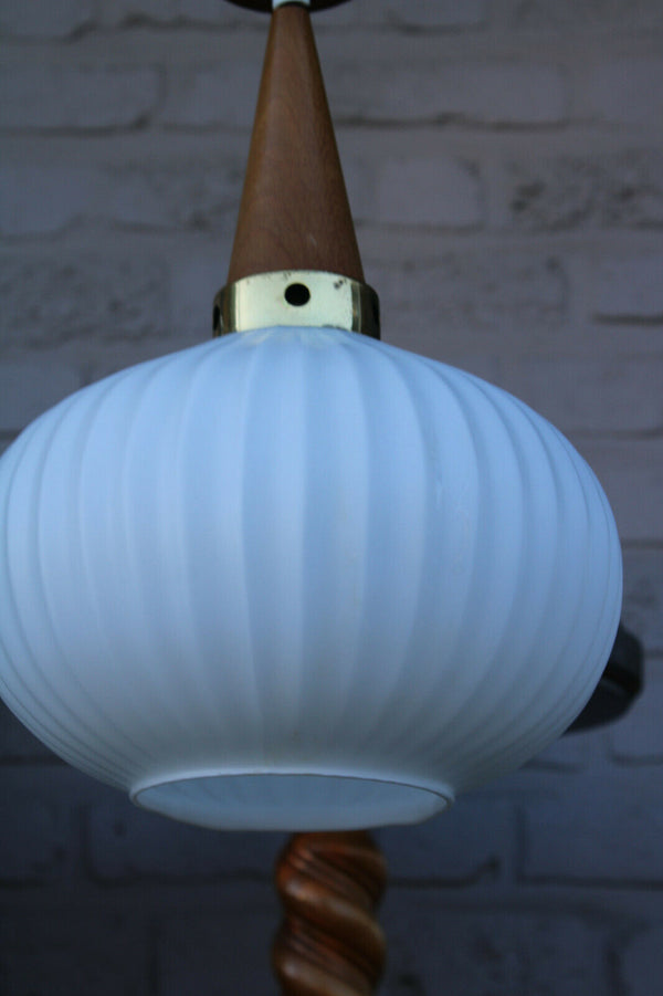 Vintage 1950 teak opaline MAssive lighting company pendant lamp chandelier