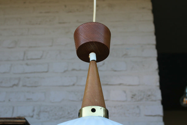 Vintage 1950 teak opaline MAssive lighting company pendant lamp chandelier