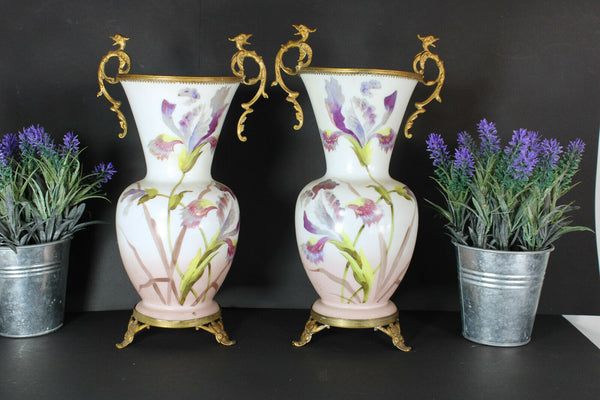 pair antique opaline glass Vases floral decor dragon handles rare