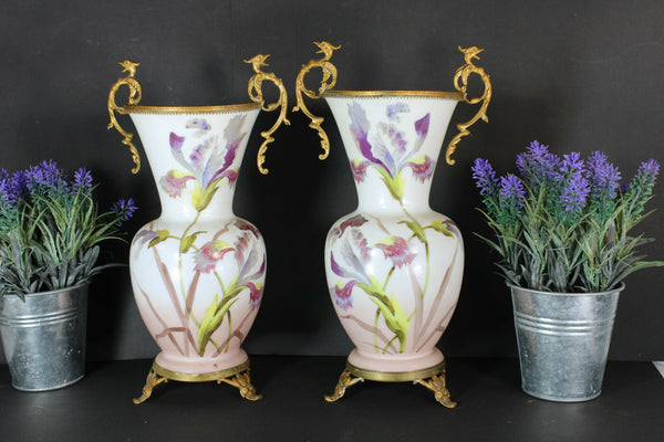pair antique opaline glass Vases floral decor dragon handles rare