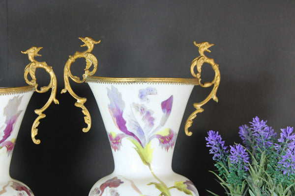 pair antique opaline glass Vases floral decor dragon handles rare