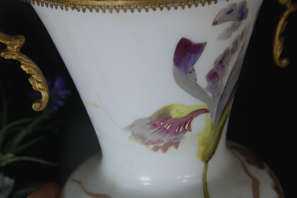 pair antique opaline glass Vases floral decor dragon handles rare