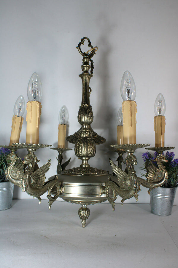 Vintage 1970 Gothic castle bronze dragon chandelier lamp