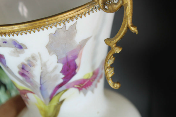 pair antique opaline glass Vases floral decor dragon handles rare