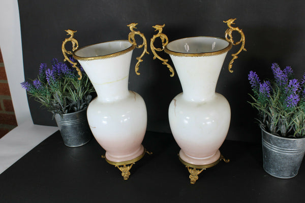 pair antique opaline glass Vases floral decor dragon handles rare