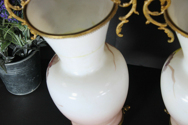 pair antique opaline glass Vases floral decor dragon handles rare