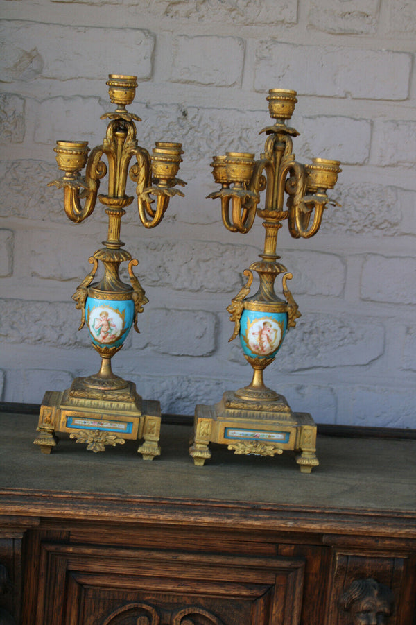 PAIR antique spelter porcelain sevres putti lion head candelabras candle holders