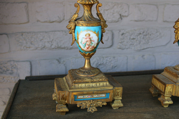 PAIR antique spelter porcelain sevres putti lion head candelabras candle holders