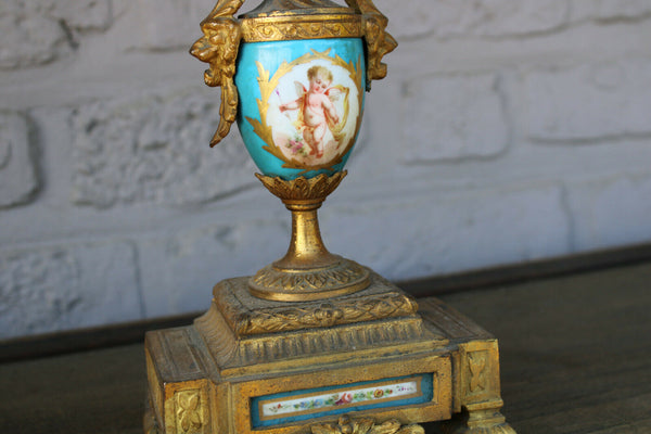 PAIR antique spelter porcelain sevres putti lion head candelabras candle holders