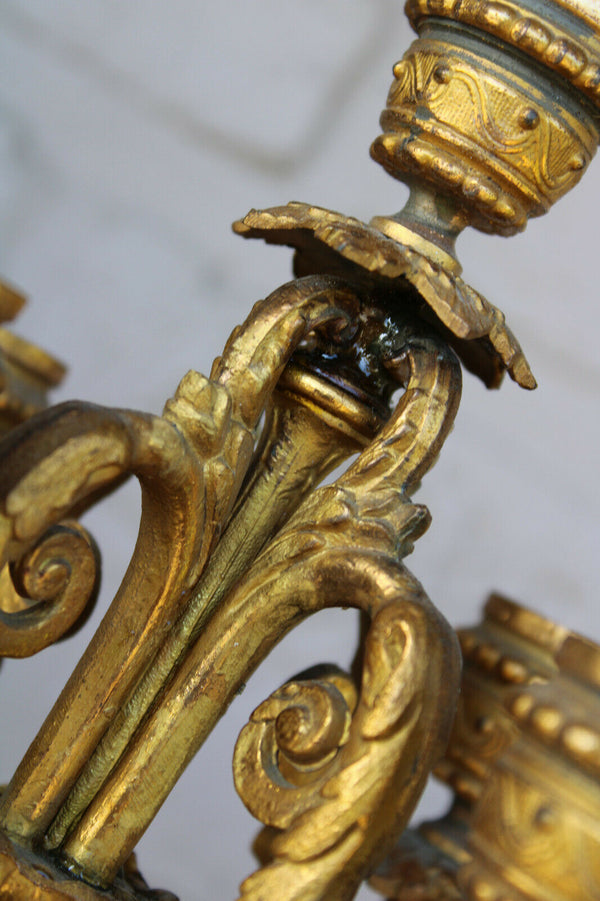 PAIR antique spelter porcelain sevres putti lion head candelabras candle holders