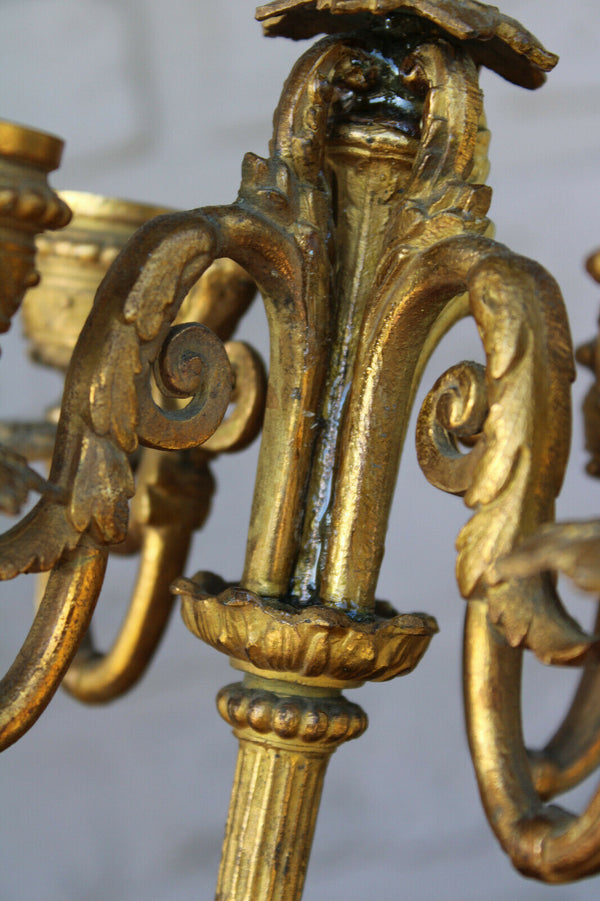 PAIR antique spelter porcelain sevres putti lion head candelabras candle holders