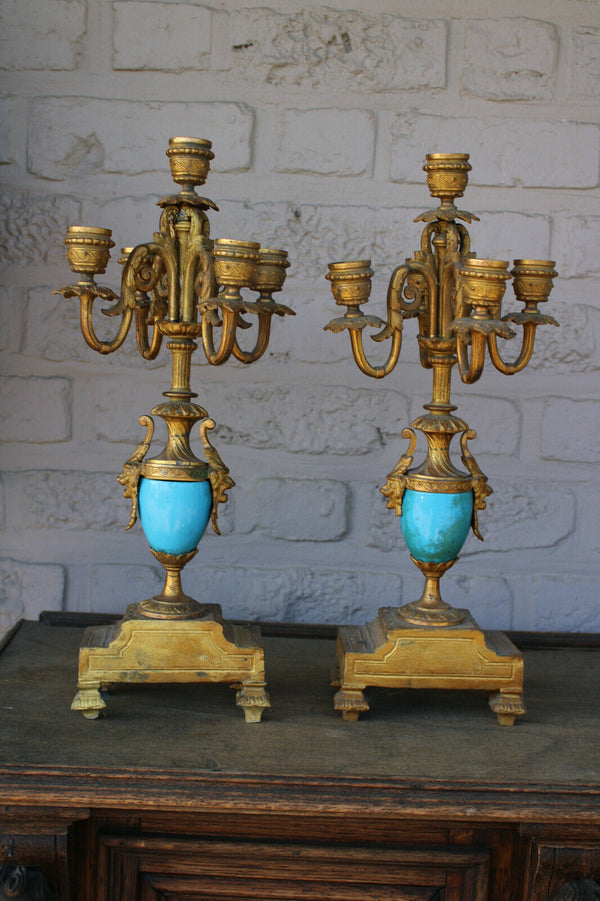 PAIR antique spelter porcelain sevres putti lion head candelabras candle holders