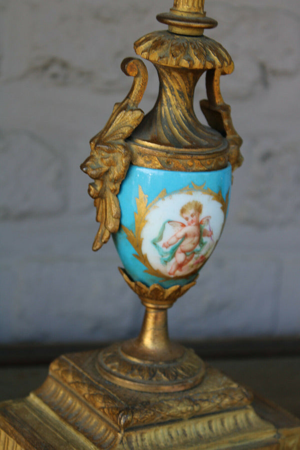 PAIR antique spelter porcelain sevres putti lion head candelabras candle holders