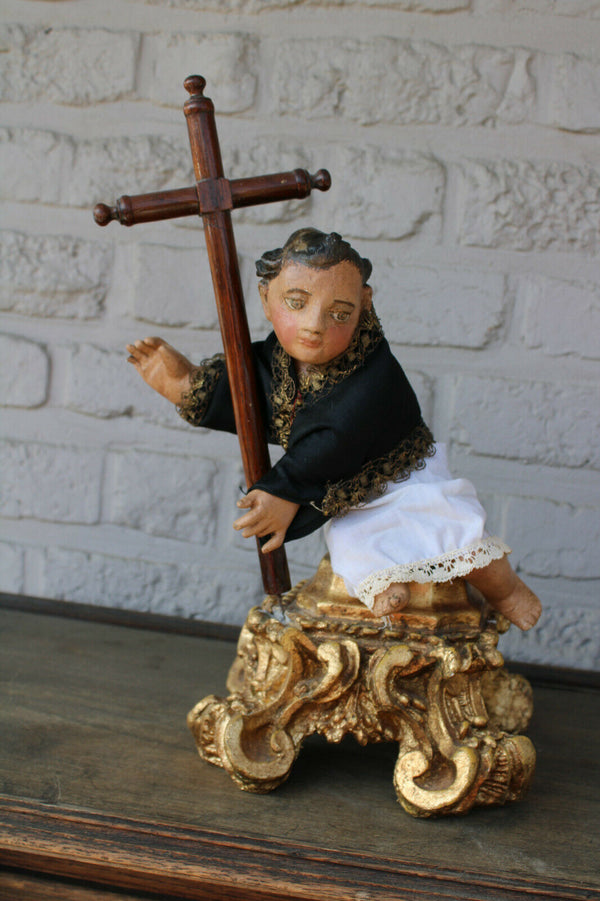 Rare antique wood carved young jesus statue crucifix XIII c religious