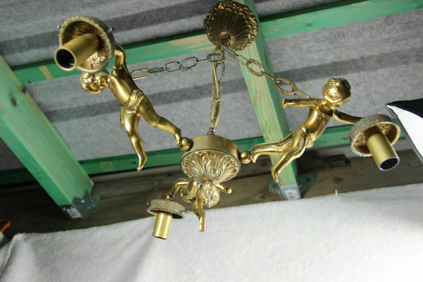 French Angel putti cherubs 3 arms chandelier pendant bronze 1960s
