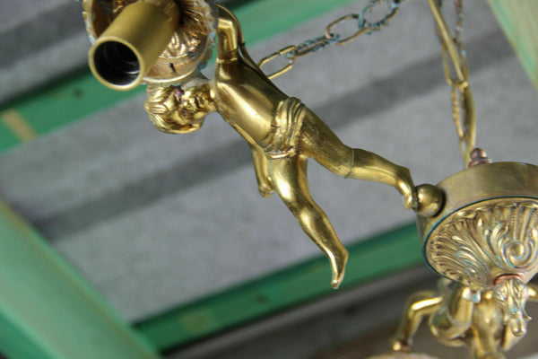 French Angel putti cherubs 3 arms chandelier pendant bronze 1960s