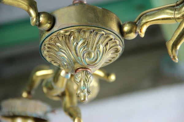 French Angel putti cherubs 3 arms chandelier pendant bronze 1960s