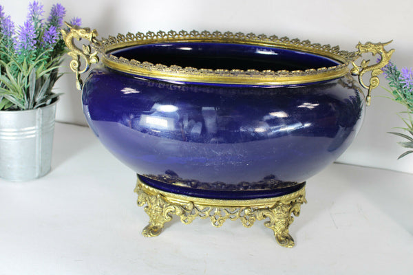 Antique bronze faience blue dragon satyr head jardiniere planter vase