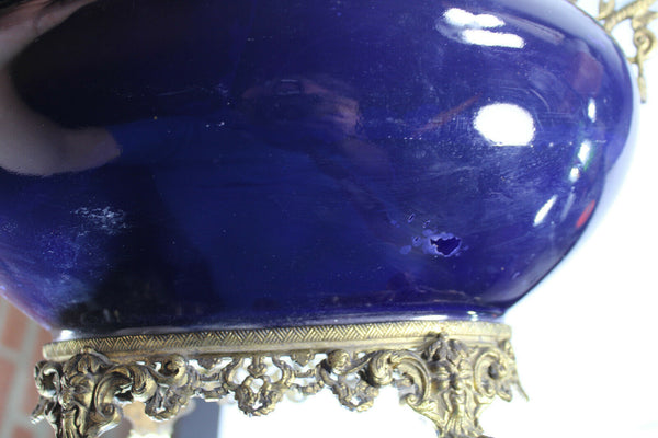 Antique bronze faience blue dragon satyr head jardiniere planter vase