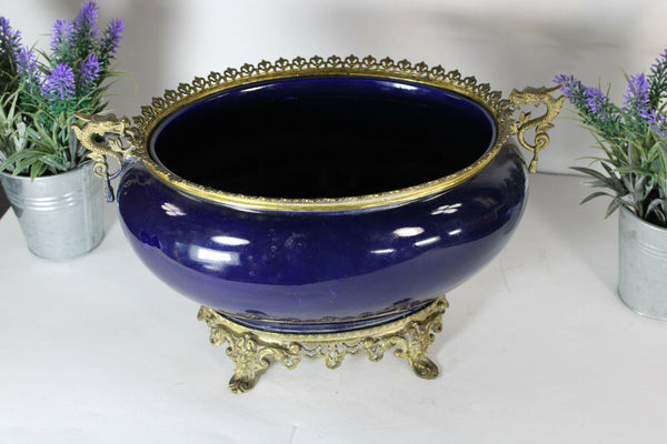Antique bronze faience blue dragon satyr head jardiniere planter vase
