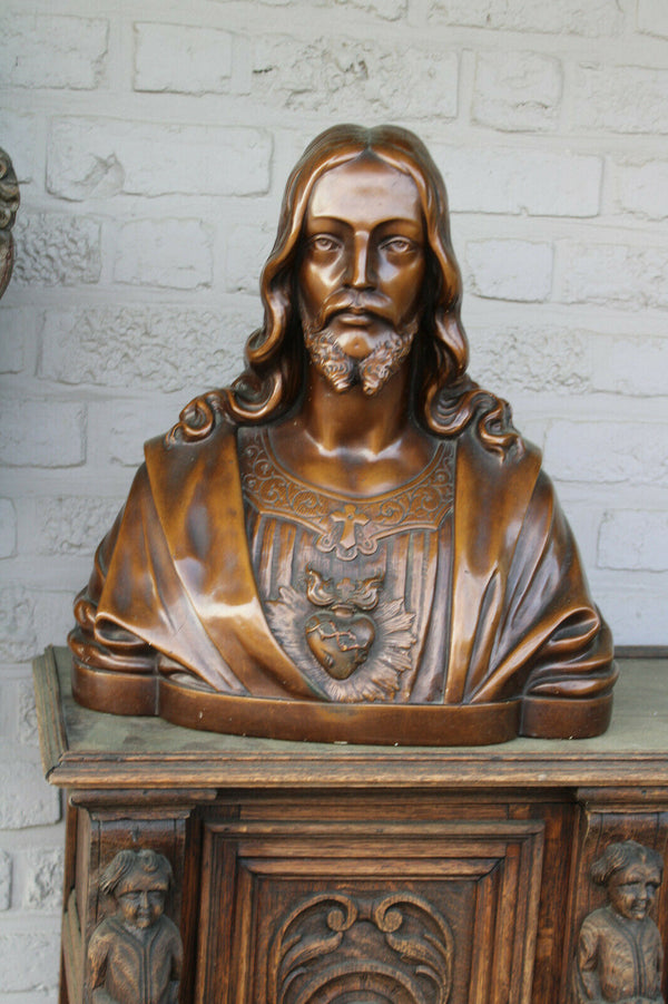 Antique LARGE french chalk Bust sacred heart christ jesus signed 1930s