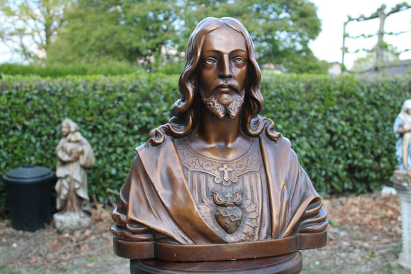 Antique LARGE french chalk Bust sacred heart christ jesus signed 1930s