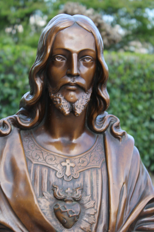 Antique LARGE french chalk Bust sacred heart christ jesus signed 1930s