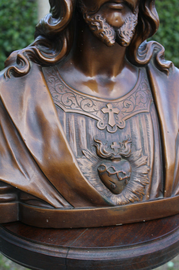 Antique LARGE french chalk Bust sacred heart christ jesus signed 1930s