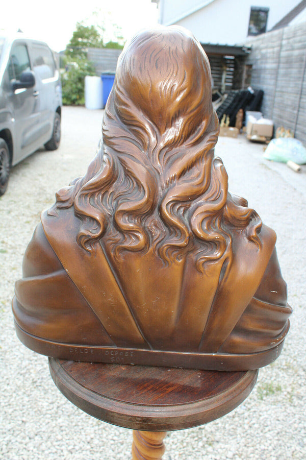 Antique LARGE french chalk Bust sacred heart christ jesus signed 1930s