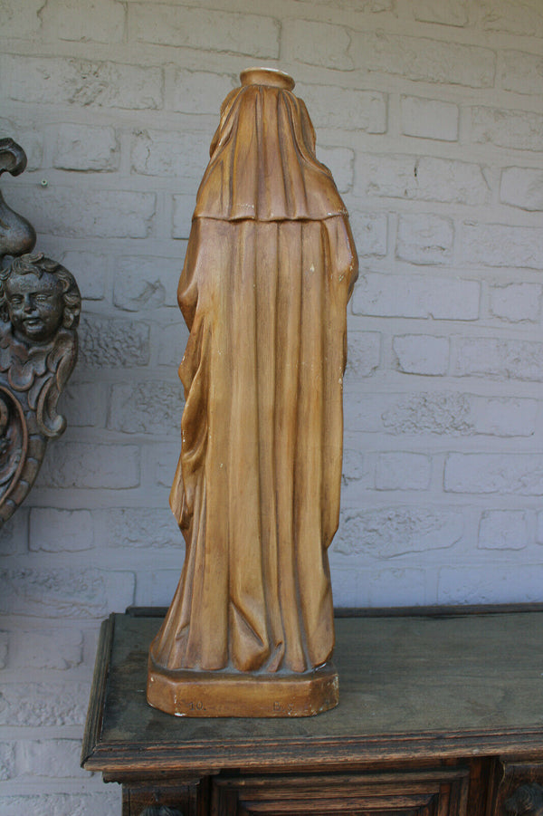 Antique LARGE french chalk madonna child statue signed