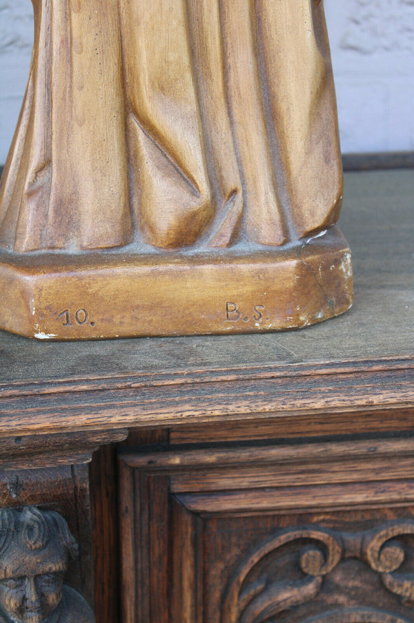 Antique LARGE french chalk madonna child statue signed