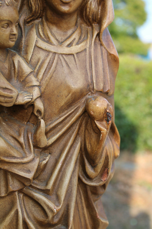 Antique LARGE french chalk madonna child statue signed