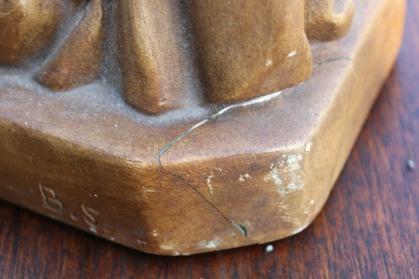 Antique LARGE french chalk madonna child statue signed