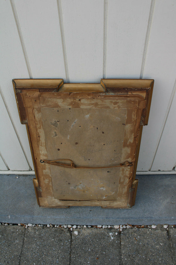 Antique French Religious Frame with chalk christ crucifix inside behind glass