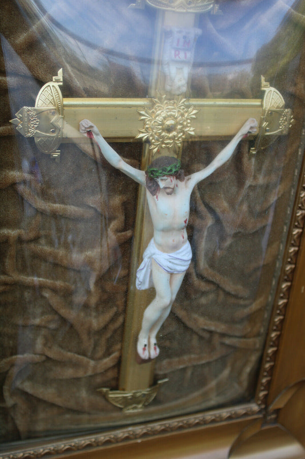 Antique French Religious Frame with chalk christ crucifix inside behind glass
