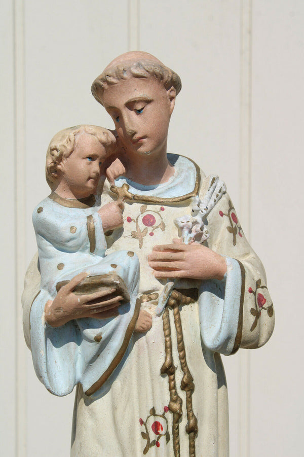 Rare antique chalk statue of saint anthony white paint religious