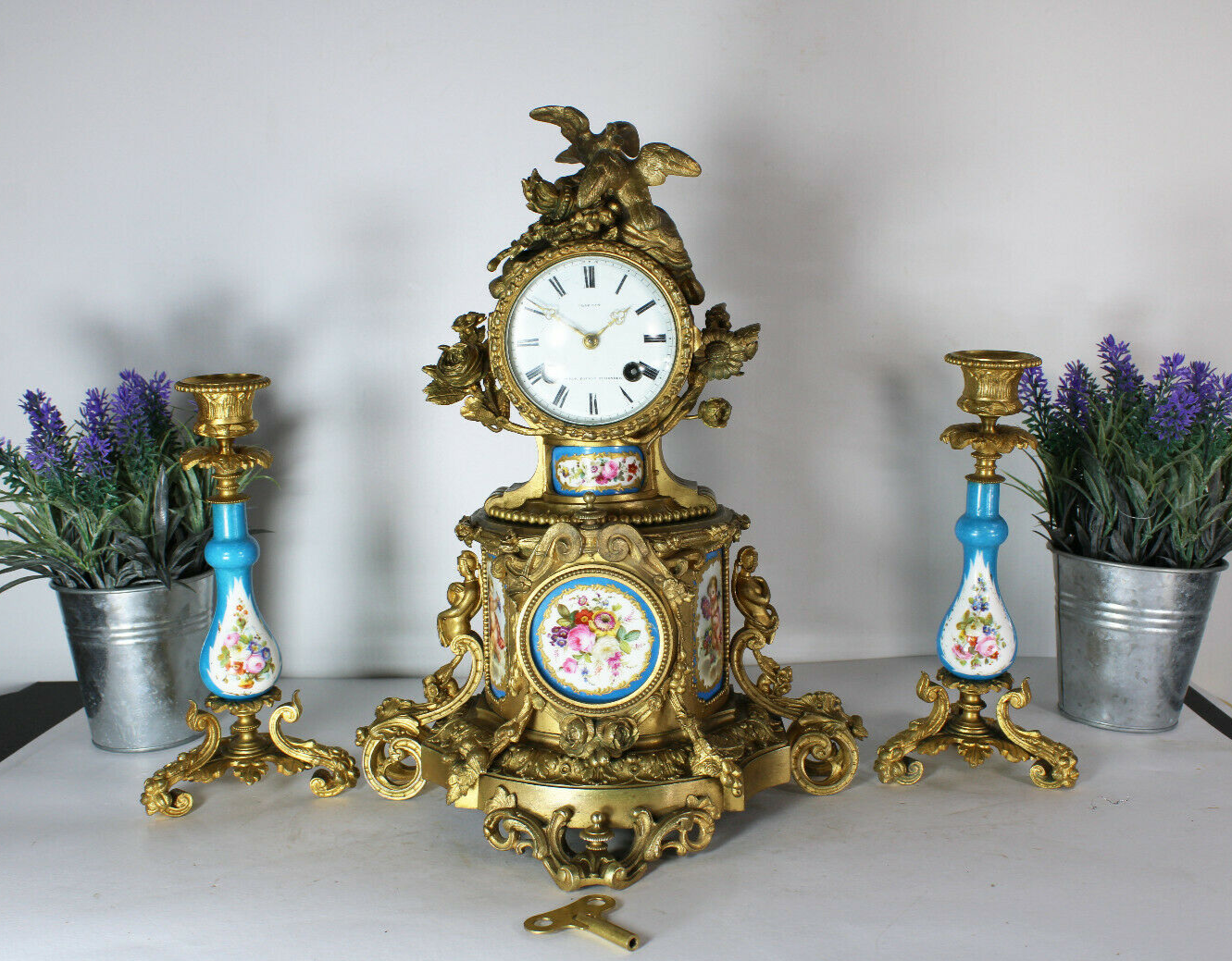 Antique 19th SEVRES porcelain putti angel brass mantel clock set candle holder