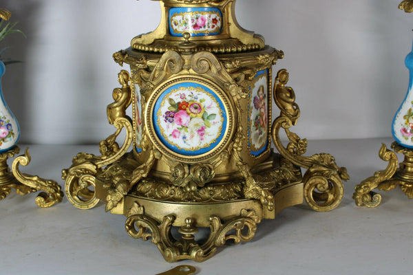 Antique 19th SEVRES porcelain putti angel brass mantel clock set candle holder