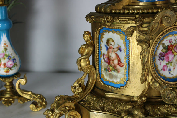 Antique 19th SEVRES porcelain putti angel brass mantel clock set candle holder